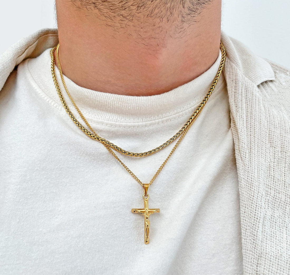 gold-jesus-cross-pendant-necklace-stack-chain-mens-waterproof-jewelry