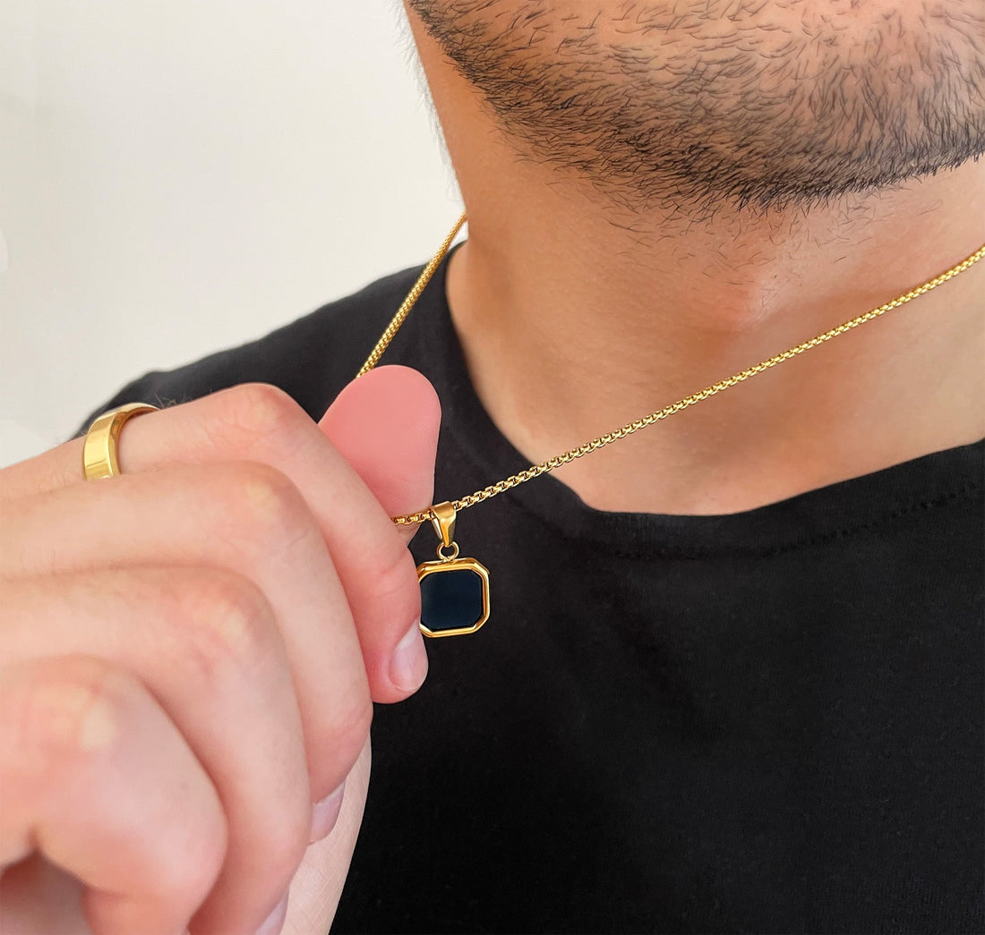 gold black onyx pendant necklace mens waterproof jewelry
