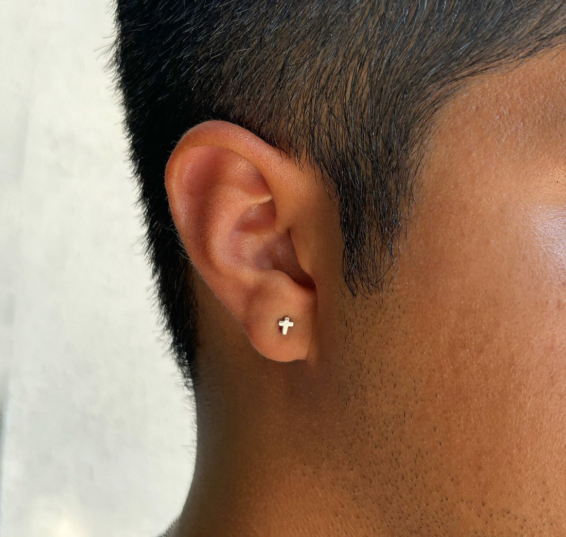 small minimal silver cross stud earring mens waterproof jewelry