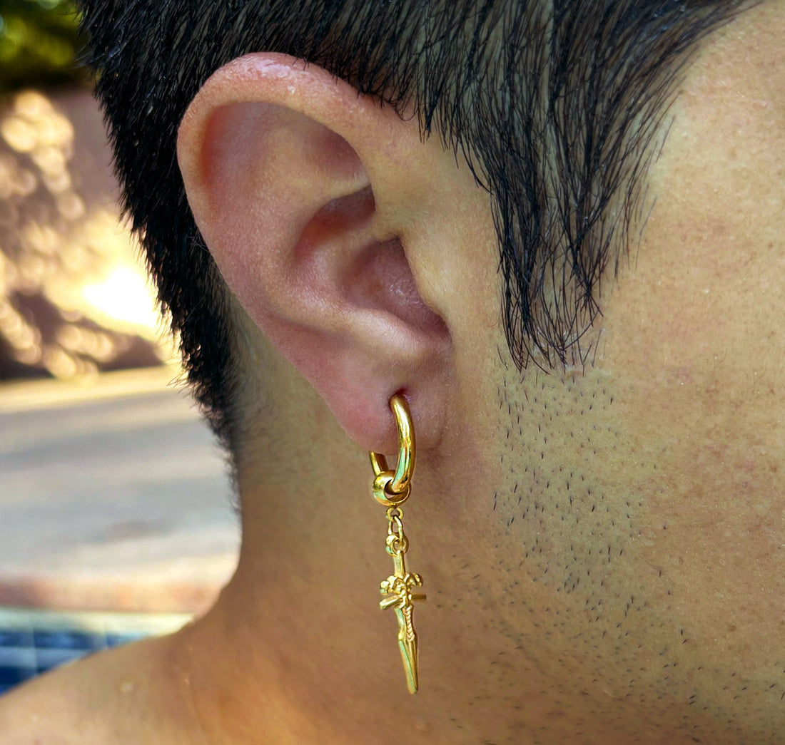 gold-dagger-sword-huggie-earring mens waterproof jewelry