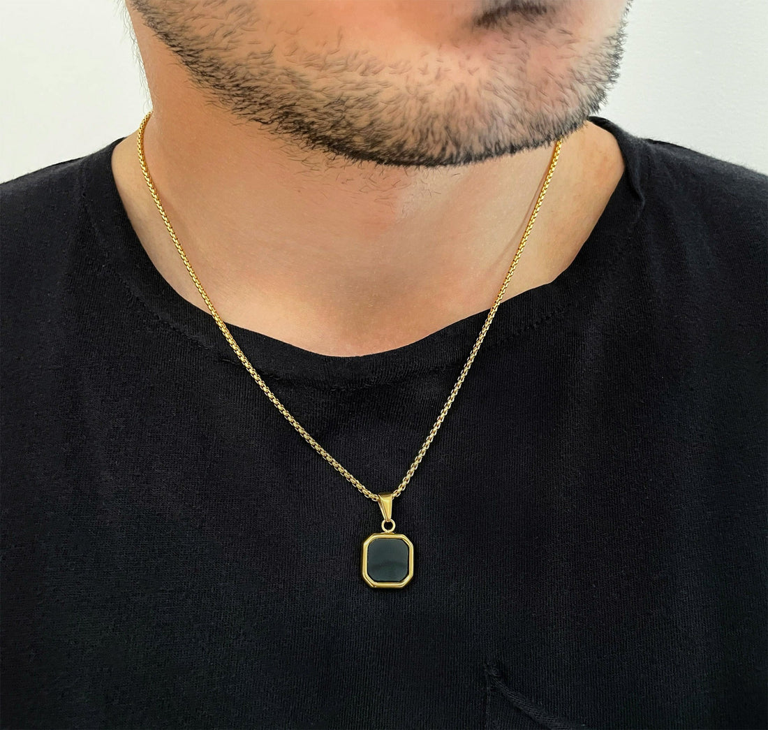 gold onyx square pendant necklace mens wateerproof jewelry