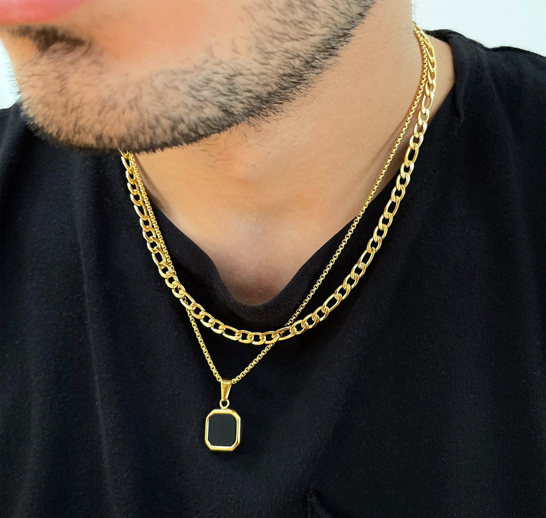 gold onyx square pendant necklace mens wateerproof jewelry