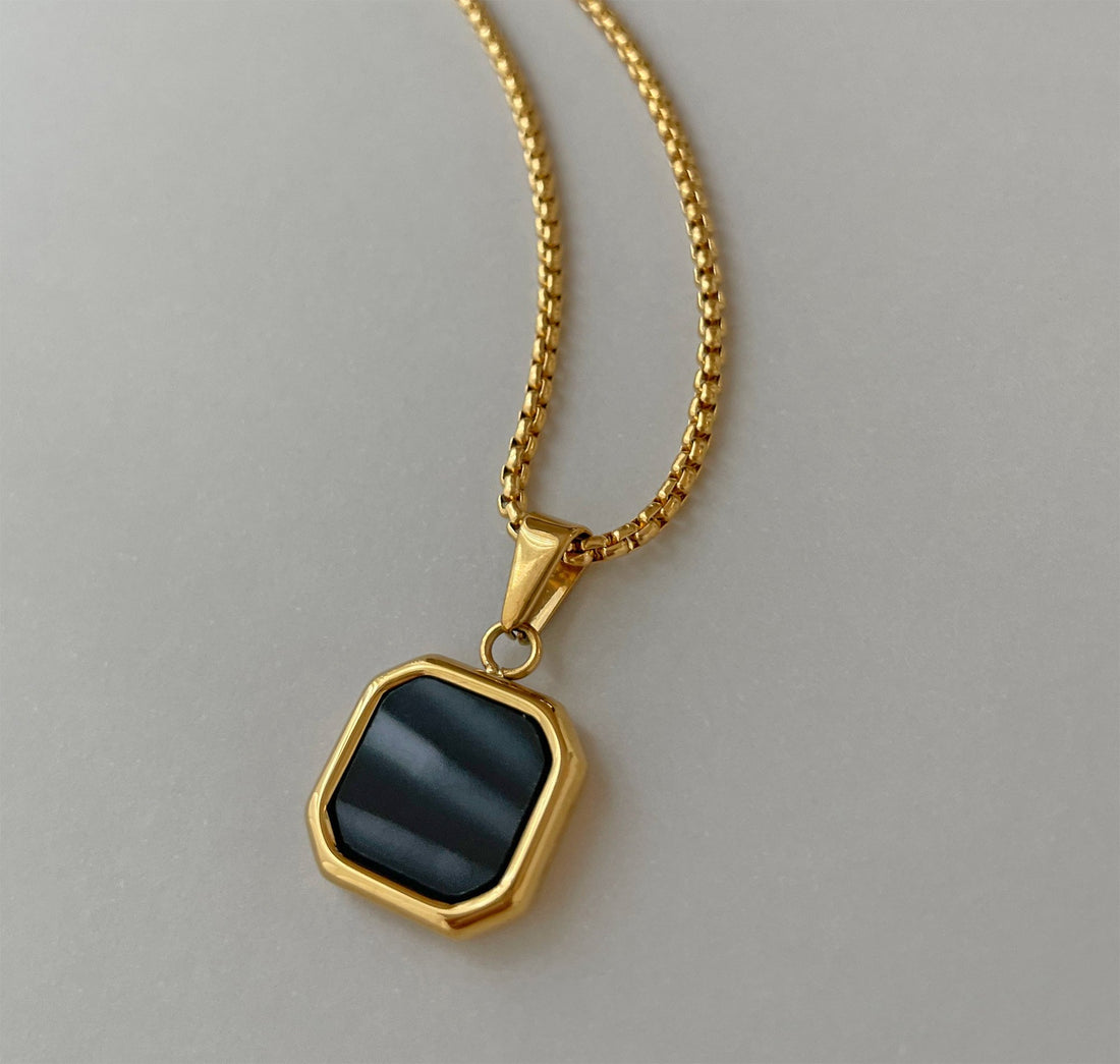 gold onyx square pendant necklace mens wateerproof jewelry