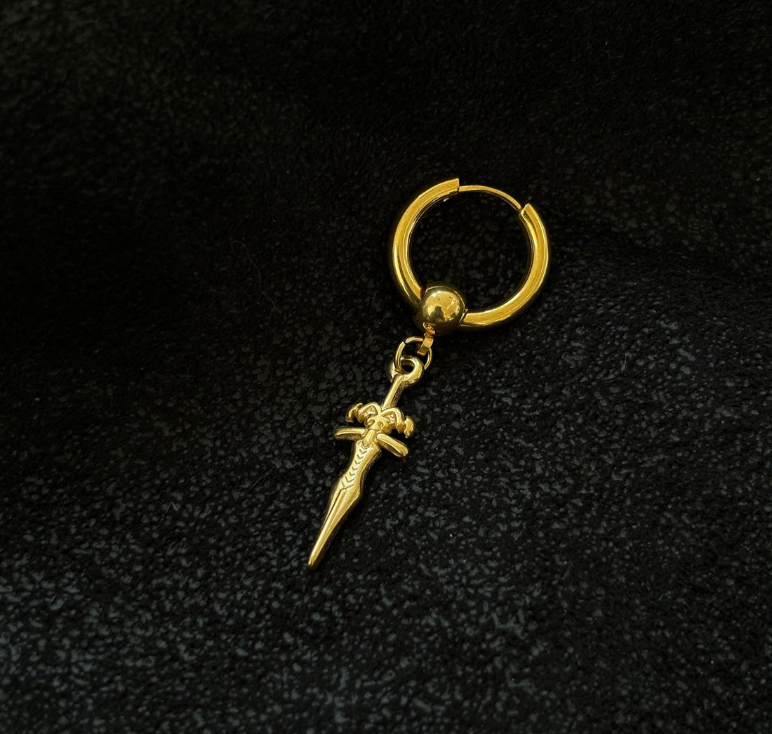 Gold dagger huggie hoop earring mens waterproof jewelry