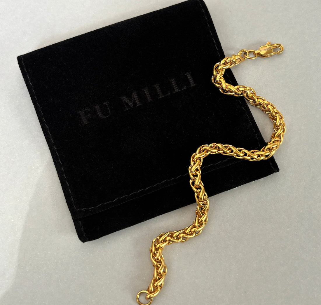 gold wheat chain bracelet. affordable mens waterproof jewelry