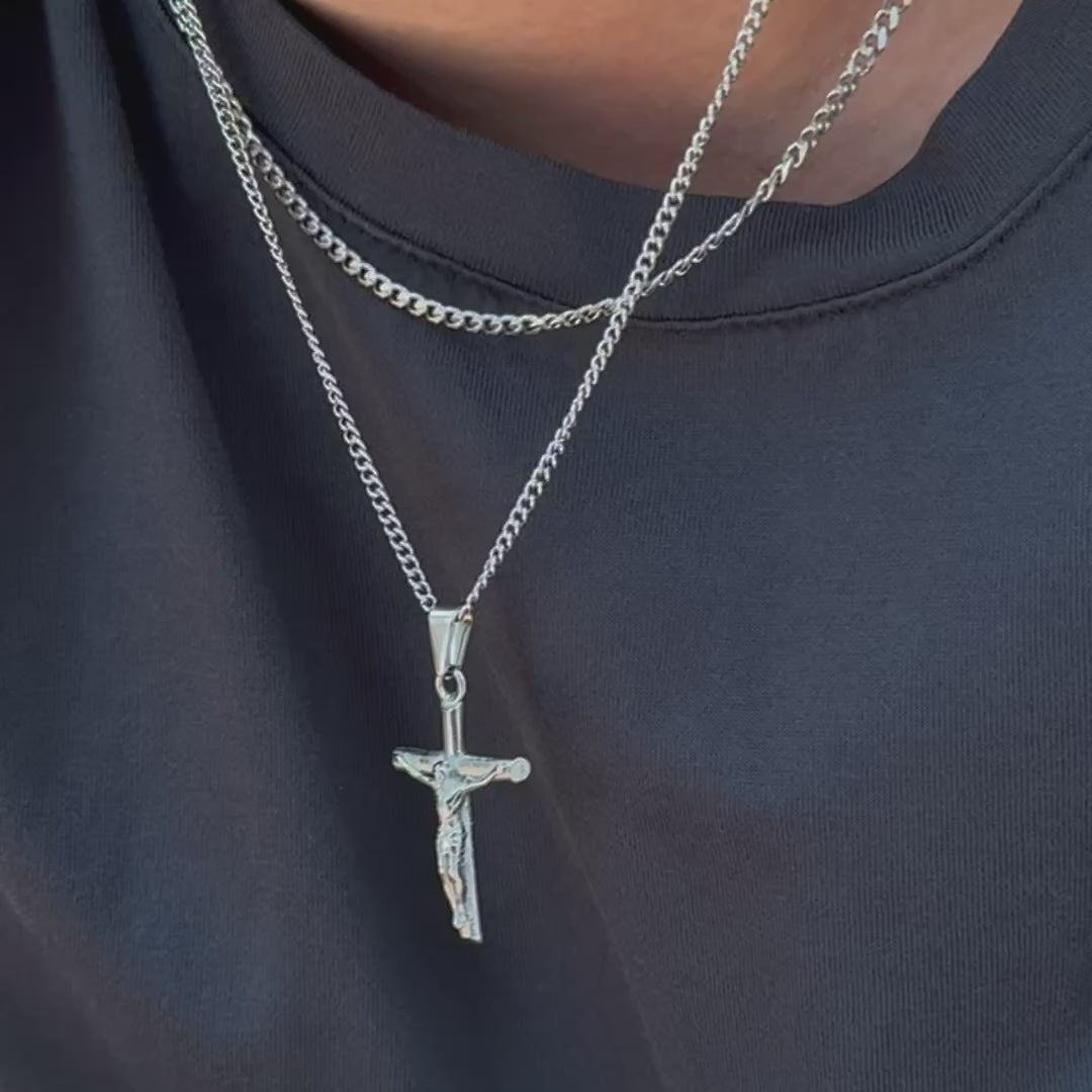 SILVER JESUS CROSS PENDANT NECKLACE