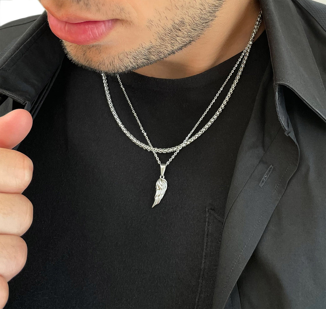 silver angel wing pendant necklace mens waterproof jewelry