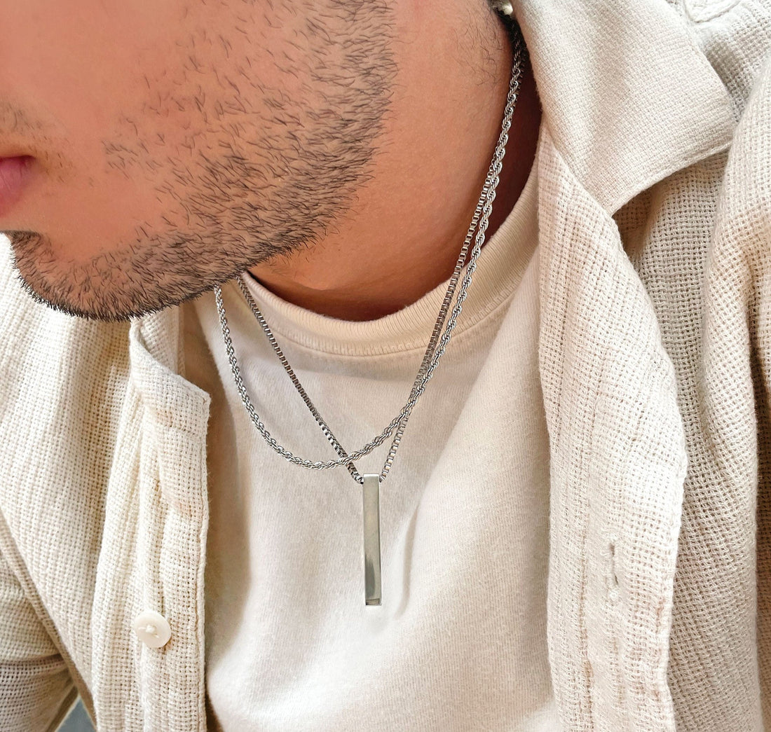 silver bar pendant necklace mens waterproof jewelry