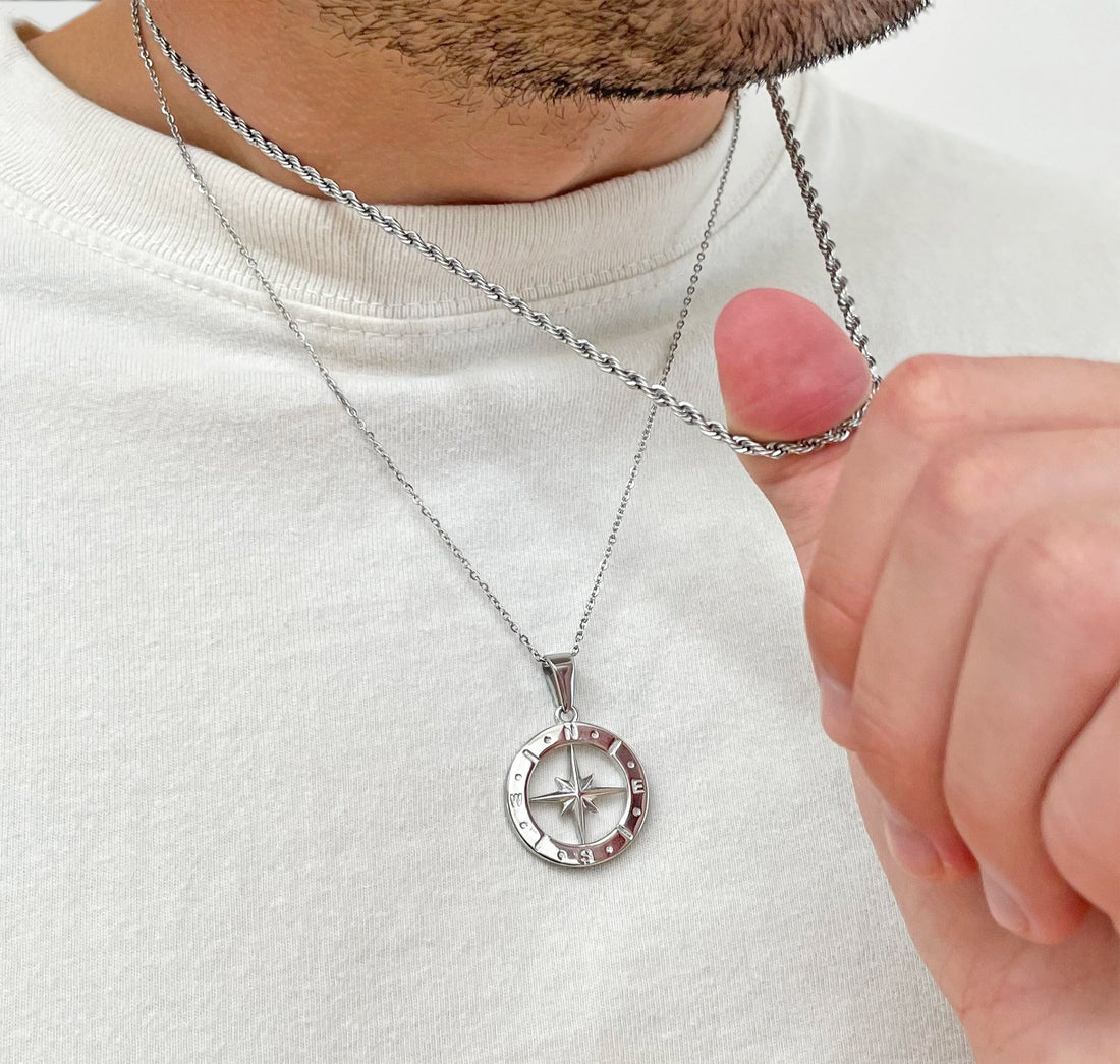 silver compass pendant necklace mens waterproof jewelry