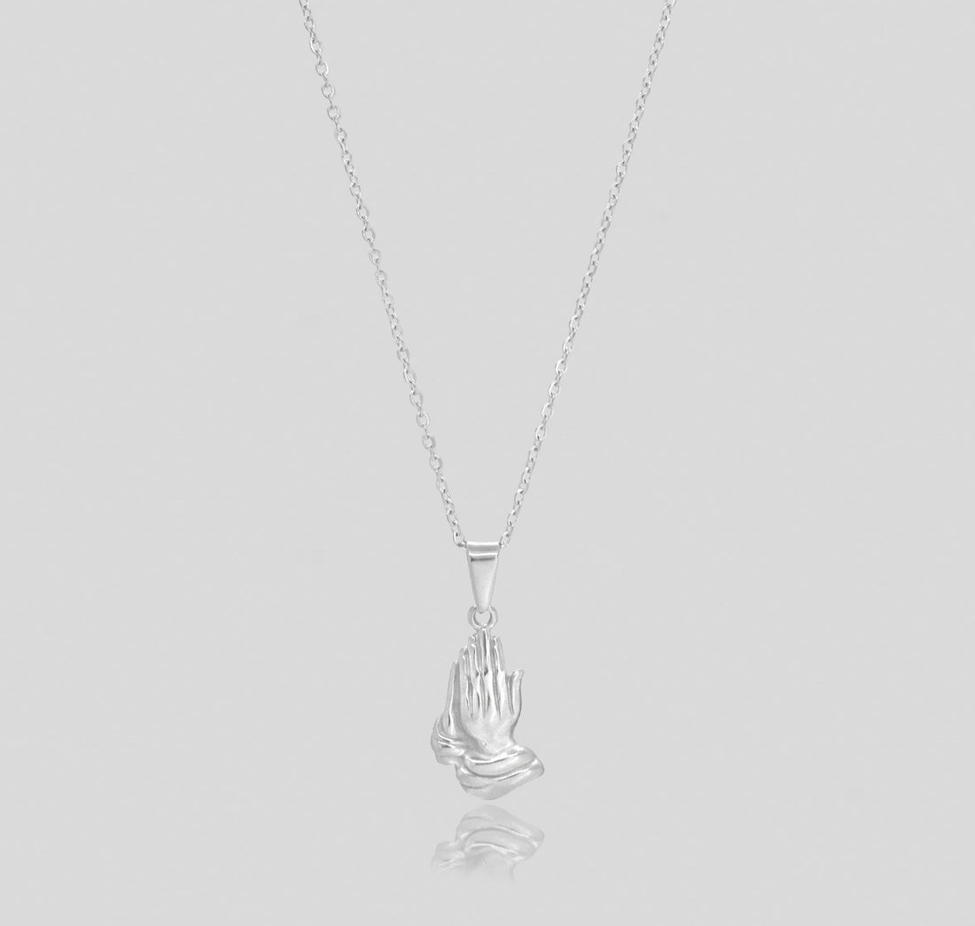 silver prayer hands pendant necklace mens waterproof jewelry