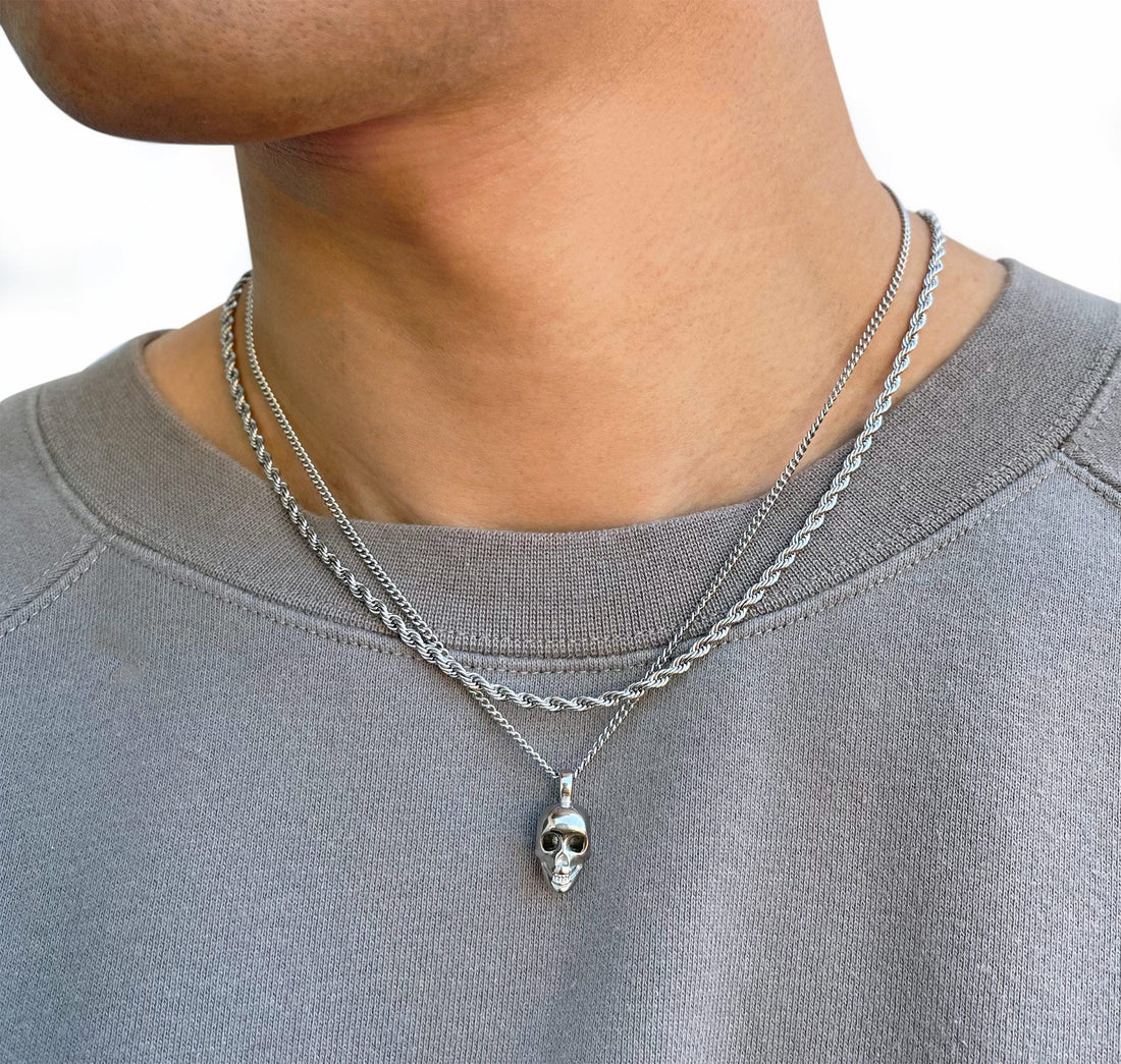 silver skull pendant necklace mens waterproof jewelry